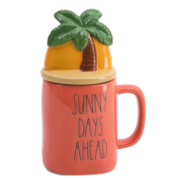 NEW Rae Dunn “Sunny Days Ahead” Ceramic Mug with Palm Tree Topper Lid - Picture 2 of 2